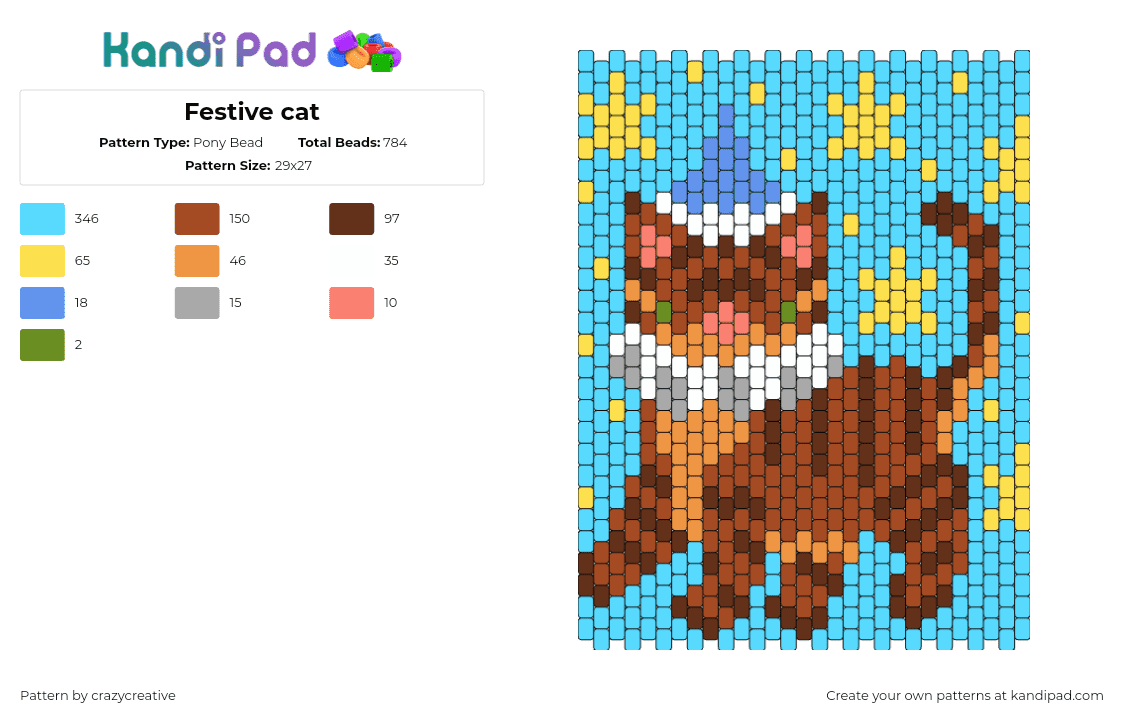 Festive cat - Pony Bead Pattern by crazycreative on Kandi Pad - cat,clown,party,panel,animal,brown,light blue,yellow