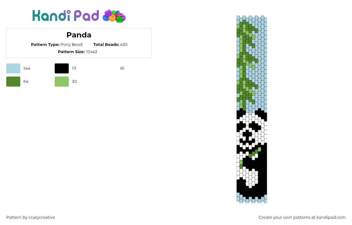 Panda - Pony Bead Pattern by crazycreative on Kandi Pad - panda,bear,animal,bamboo,green,light blue,white,black