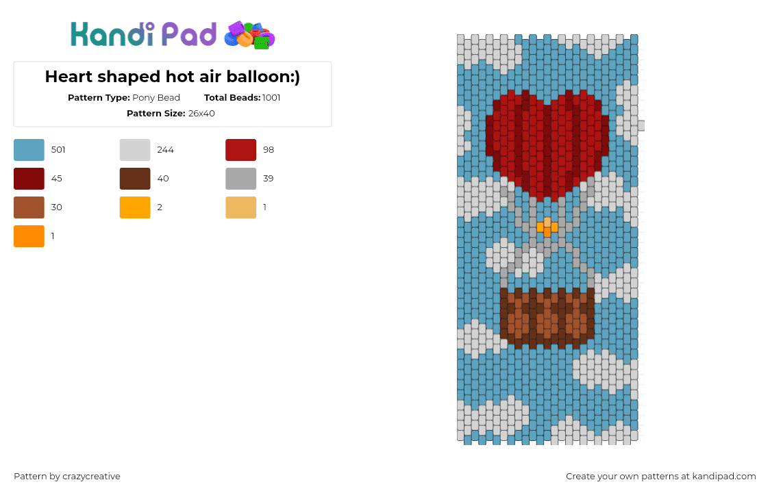 Heart shaped hot air balloon:) - Pony Bead Pattern by crazycreative on Kandi Pad - hot air balloon,clouds,sky,panel,tapestry,light blue,red,brown,gray