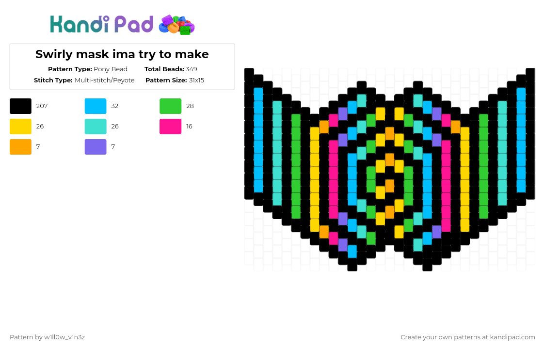 Swirly mask ima try to make - Pony Bead Pattern by w1ll0w_v1n3z on Kandi Pad - black,light blue,yellow,green,glow,mask,colour,silly,yay,1st mask