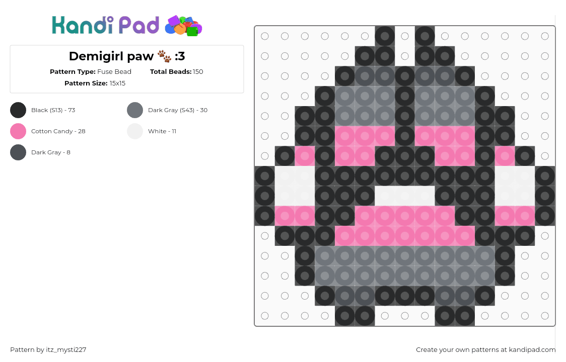 Demigirl paw 🐾 :3 - Fuse Bead Pattern by w1ll0w_v1n3z on Kandi Pad - pink,gray,paw,pride,demi,demigirl,grey,white,colorful