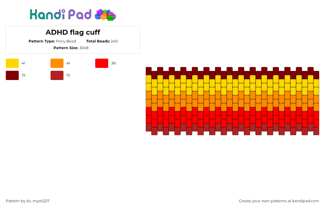 ADHD flag cuff - Pony Bead Pattern by itz_mysti227 on Kandi Pad - adhd,flag,stripes,community,support,cuff,red,orange,yellow