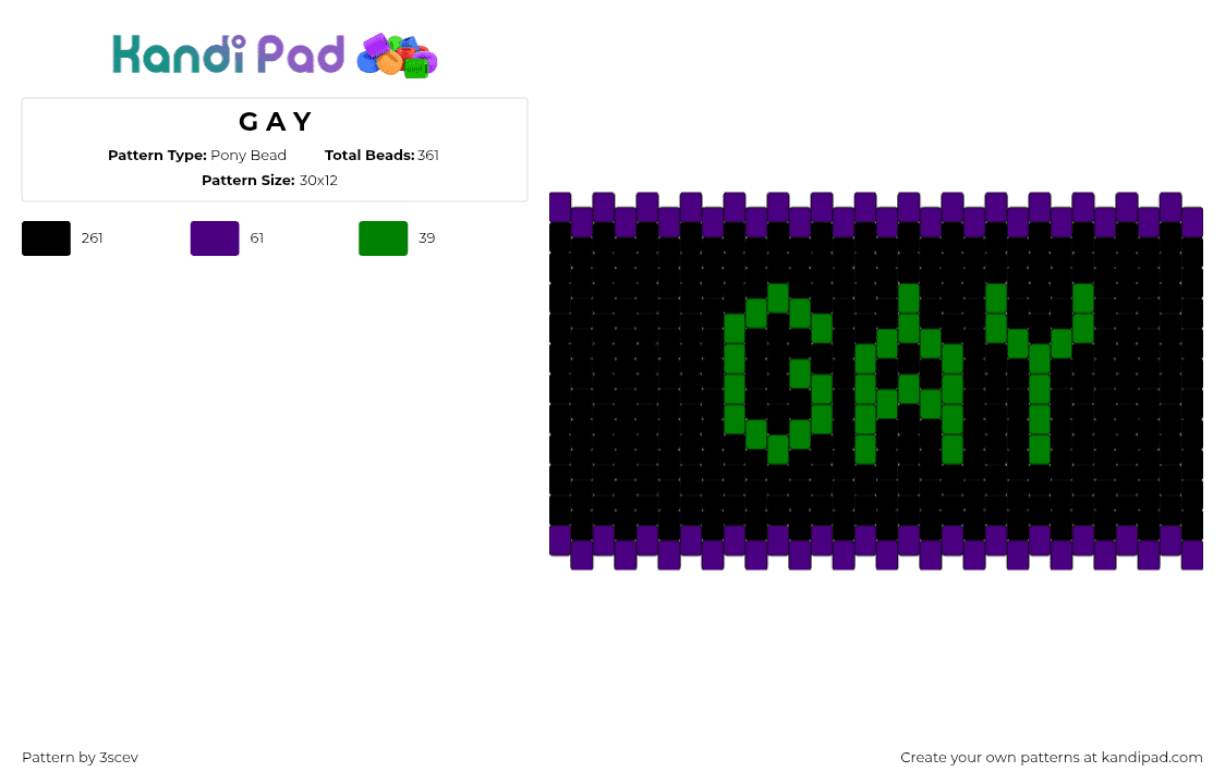 G A Y - Pony Bead Pattern by 3scev on Kandi Pad - gay,pride,text,dark,cuff,black,green