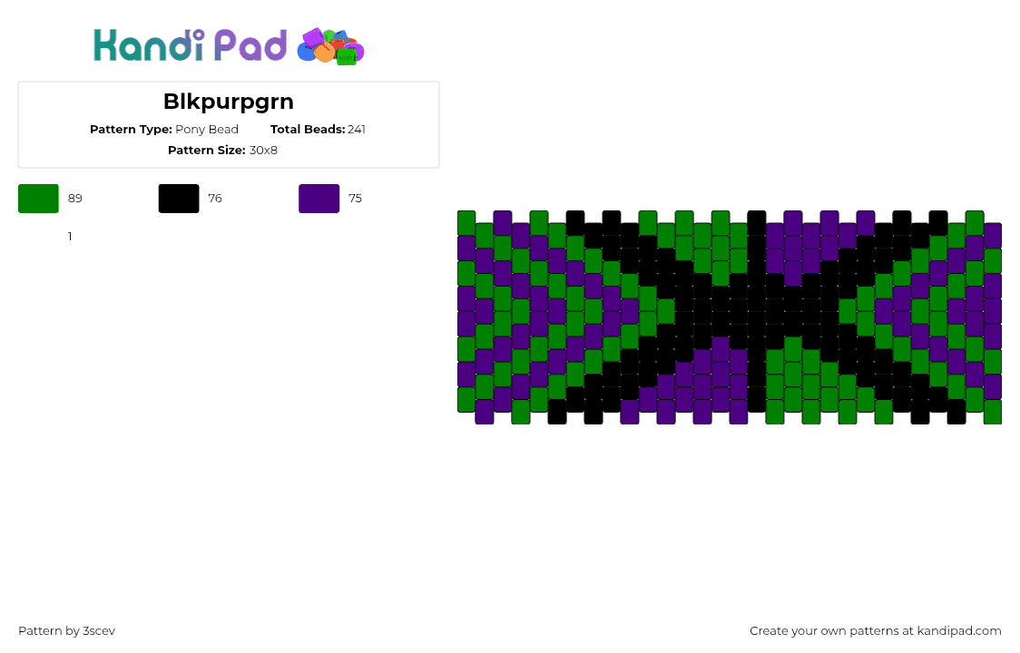 Blkpurpgrn - Pony Bead Pattern by 3scev on Kandi Pad - stripes,dark,cuff,black,purple,green