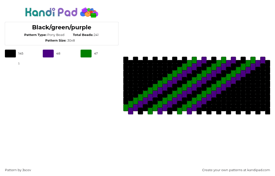 Black/green/purple - Pony Bead Pattern by 3scev on Kandi Pad - diagonal,stripes,dark,cuff,black,green,purple