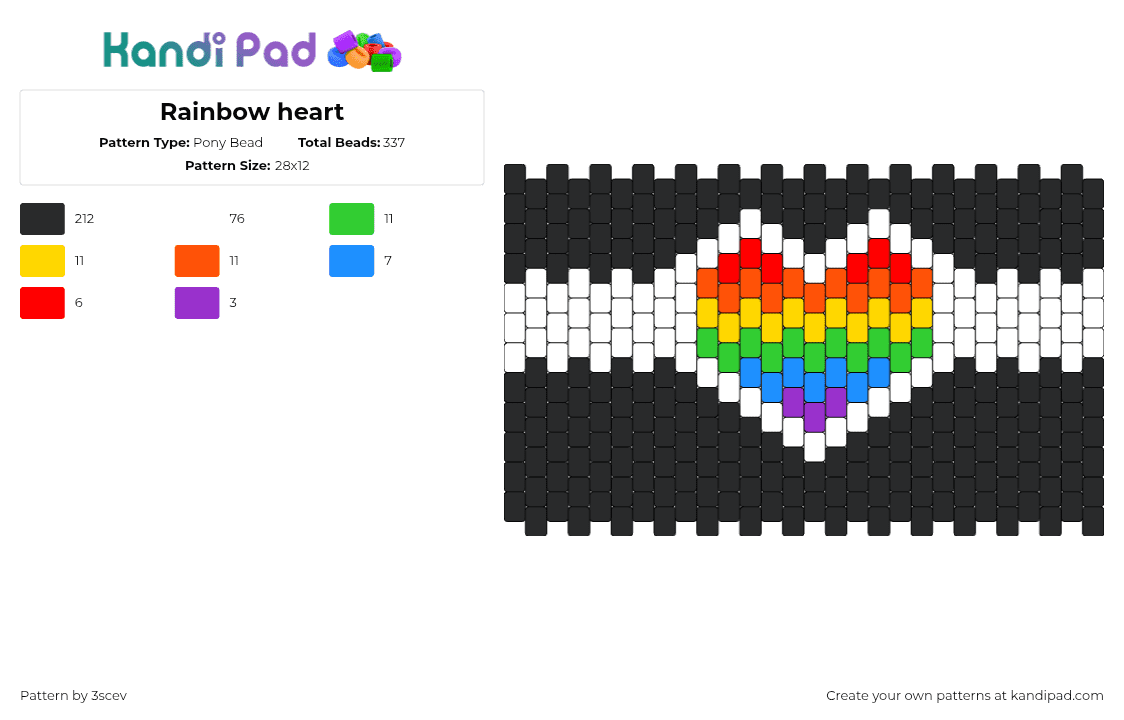 Rainbow heart - Pony Bead Pattern by 3scev on Kandi Pad - heart,rainbow,dark,cuff,love,black,white