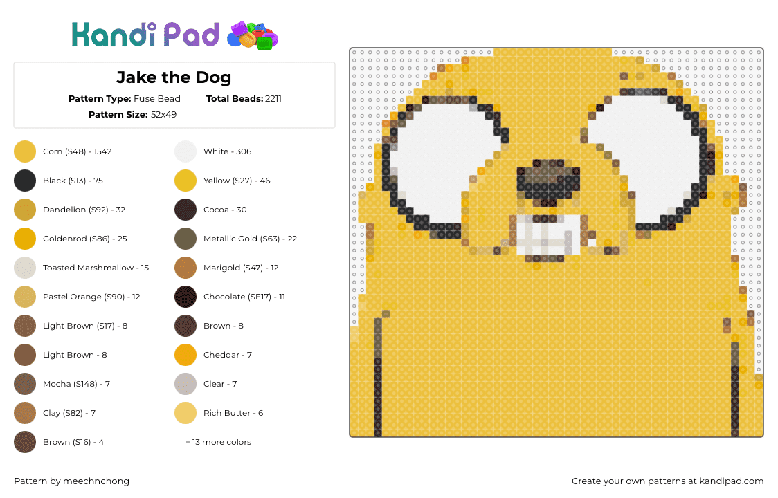 Jake the Dog - Fuse Bead Pattern by meechnchong on Kandi Pad - jake,adventure time,dog,character,cartoon,tv show,portrait,yellow