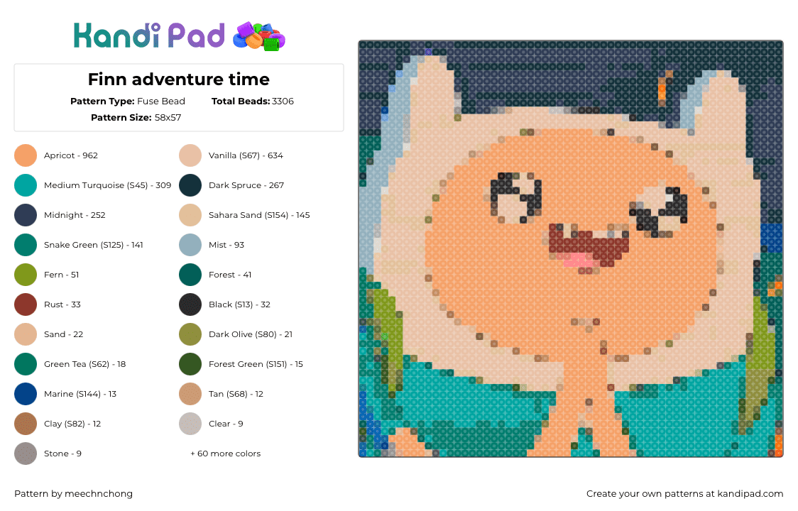 Finn adventure time - Fuse Bead Pattern by meechnchong on Kandi Pad - finn,adventure time,character,cartoon,tv show,portrait,tan,teal