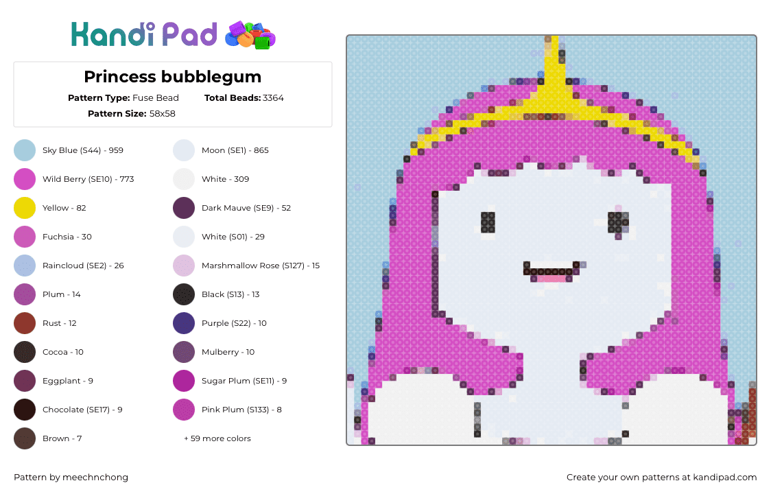 Princess bubblegum - Fuse Bead Pattern by meechnchong on Kandi Pad - princess bubblegum,adventure time,character,cartoon,tv show,portrait,white,pink