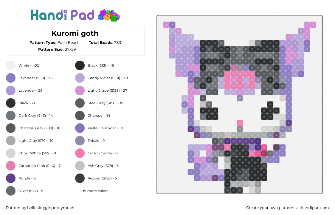 Kuromi goth - Fuse Bead Pattern by hellokittygirlprettymuch on Kandi Pad - kuromi,sanrio,goth,character,black,white,purple