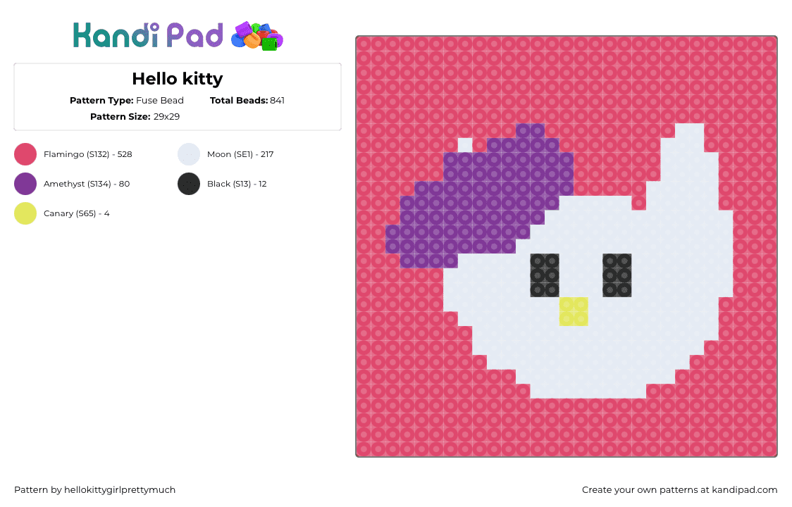 Hello kitty - Fuse Bead Pattern by hellokittygirlprettymuch on Kandi Pad - hello kitty,sanrio,head,panel,simple,white,purple,pink