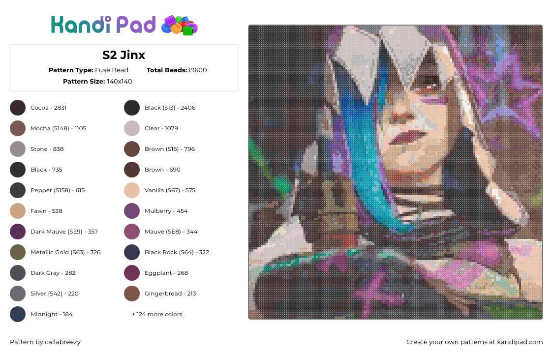 S2 Jinx - Fuse Bead Pattern by callabreezy on Kandi Pad - jinx,lol,arcane,league of legends,portrait,character,video game,purple,tan