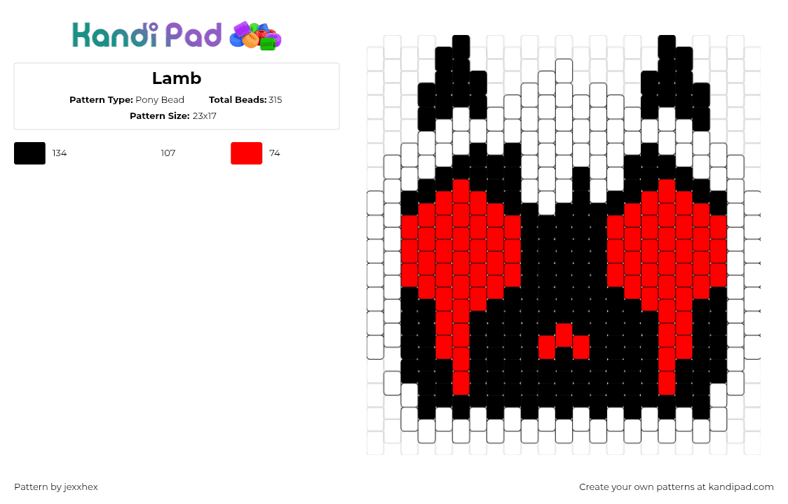 Lamb - Pony Bead Pattern by jexxhex on Kandi Pad - lamb,cotl,cult of the lamb,head,charm,character,video game,black,red,white