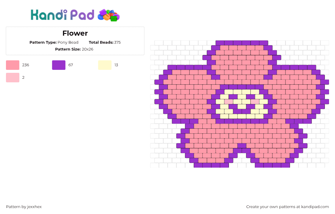 Flower - Pony Bead Pattern by jexxhex on Kandi Pad - flower,smiley,petals,cute,face,pink,purple