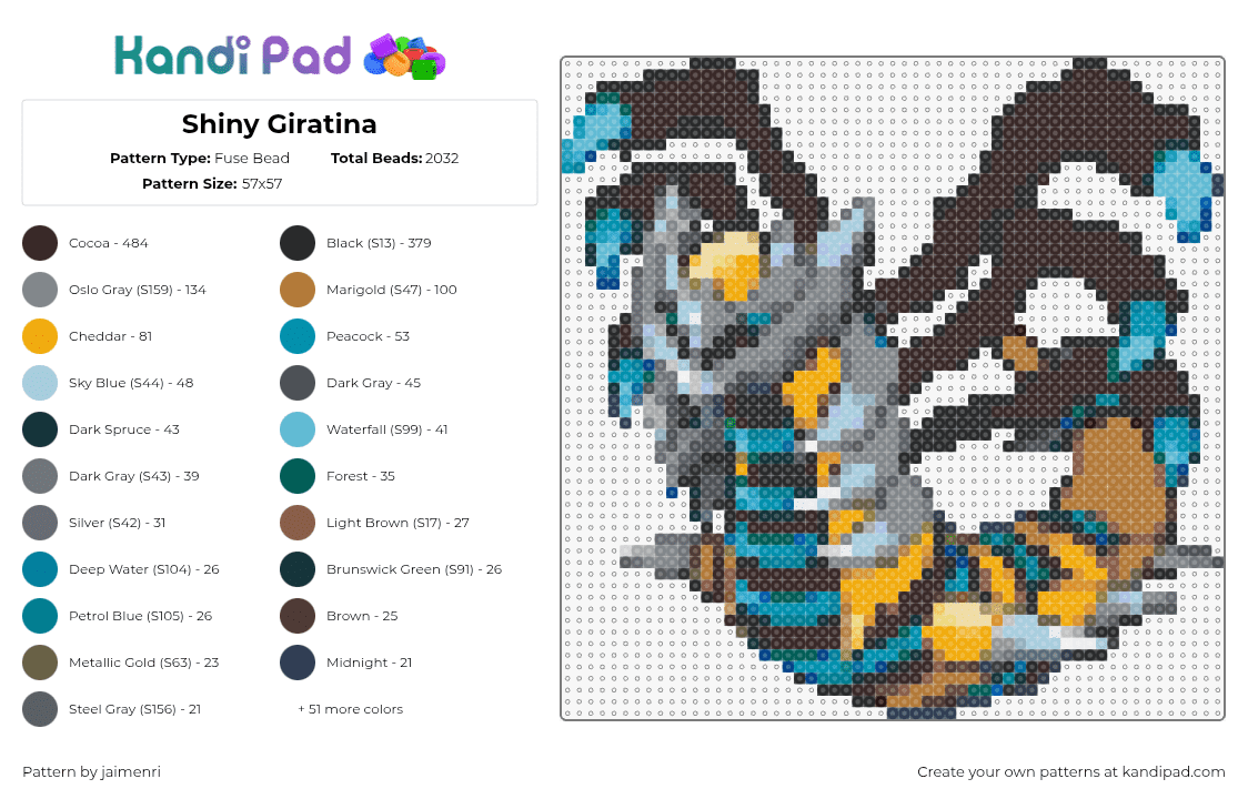 Shiny Giratina - Fuse Bead Pattern by jaimenri on Kandi Pad - giratina,pokemon,character,gaming,teal,gray,brown,yellow