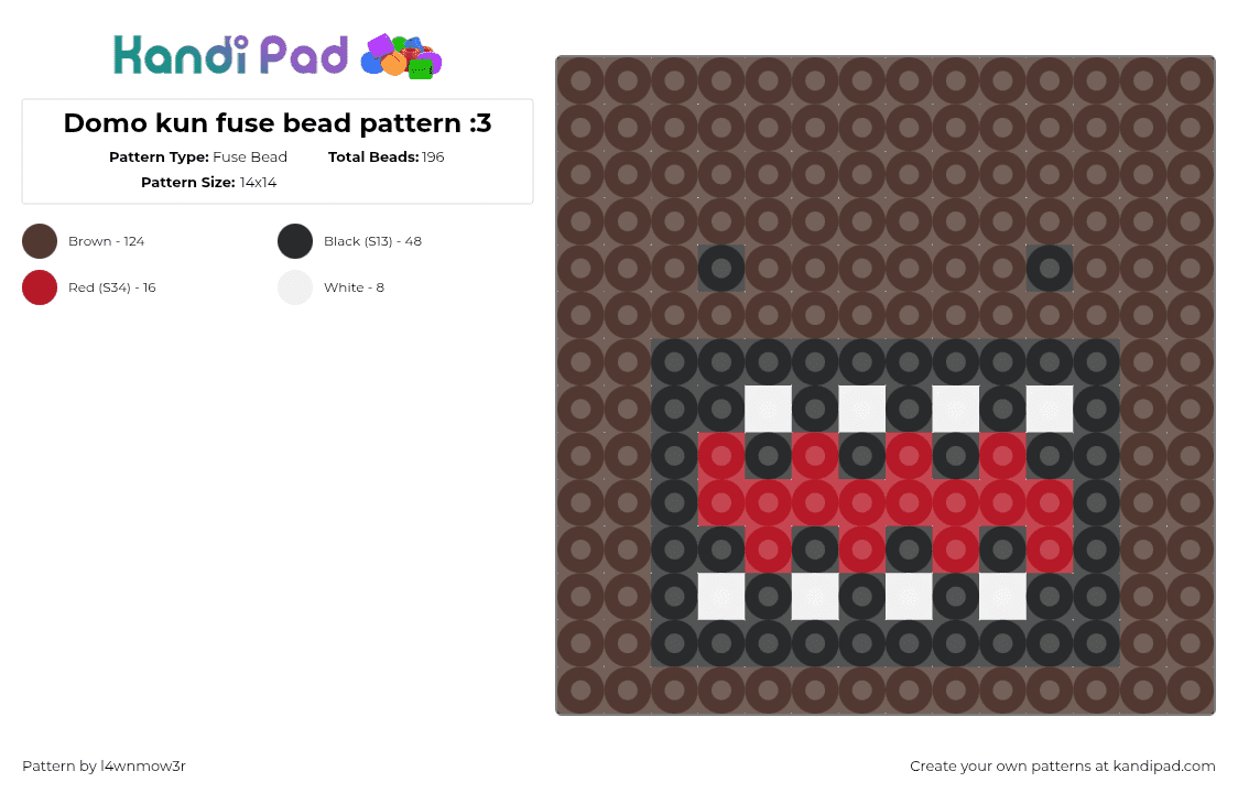 Domo kun fuse bead pattern :3 - Fuse Bead Pattern by l4wnmow3r on Kandi Pad - domo,face,mouth,panel,brown,red