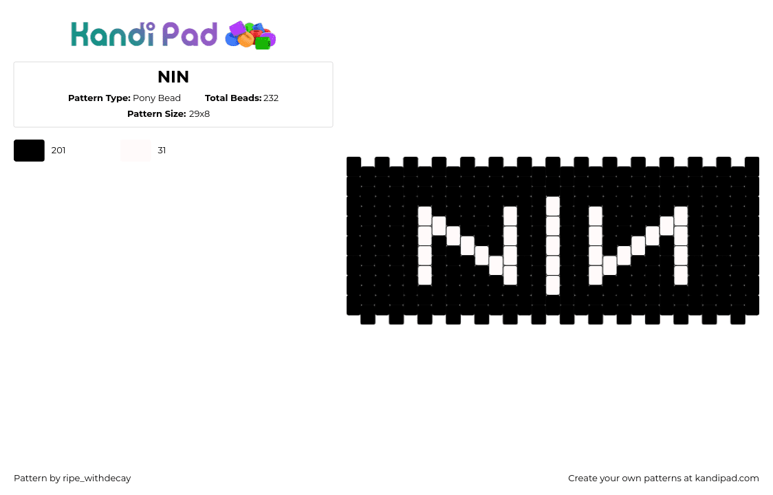 NIN - Pony Bead Pattern by ripe_withdecay on Kandi Pad - nine inch nails,logo,band,music,simple,cuff,dark,black,white