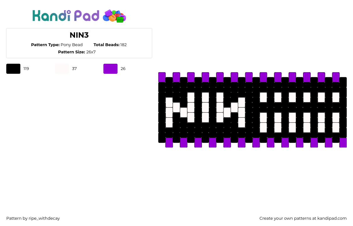 NIN3 - Pony Bead Pattern by ripe_withdecay on Kandi Pad - nine inch nails,logo,band,music,cuff,black,white,purple