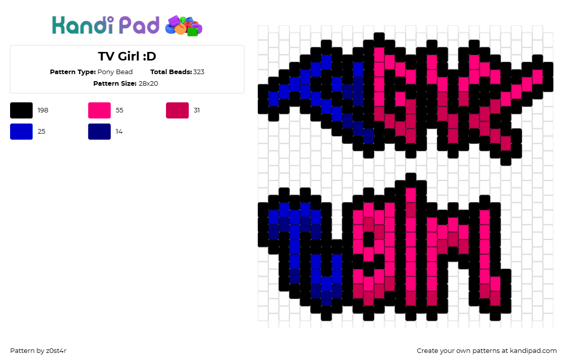 TV Girl :D - Pony Bead Pattern by z0st4r on Kandi Pad - tv girl,logo,text,band,music,blue,pink