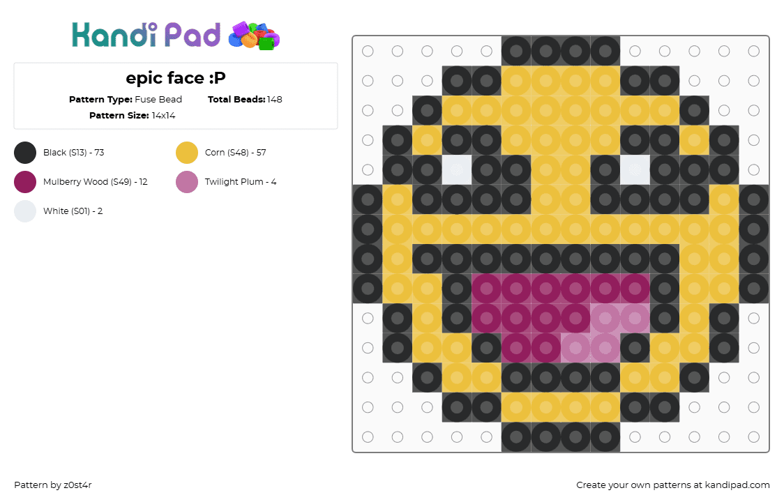 epic face :P - Fuse Bead Pattern by z0st4r on Kandi Pad - epic face,smiley,roblox,video game,charm,yellow,black