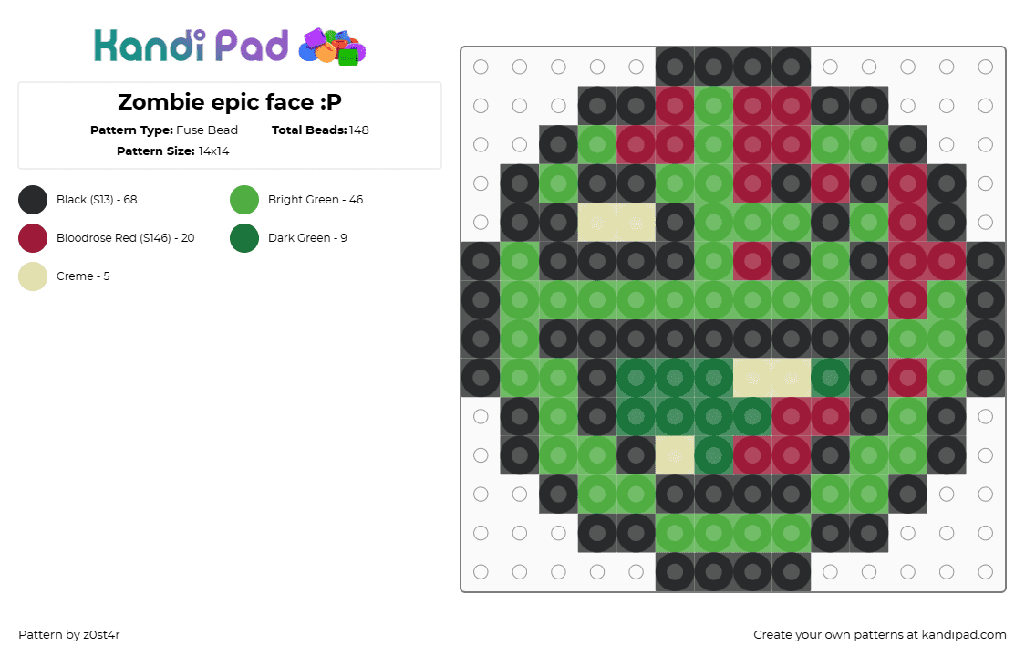 Zombie epic face :P - Fuse Bead Pattern by z0st4r on Kandi Pad - 