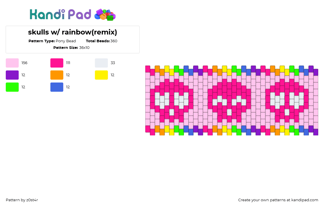 skulls w/ rainbow(remix) - Pony Bead Pattern by z0st4r on Kandi Pad - skulls,neon,rainbow,spooky,halloween,cute