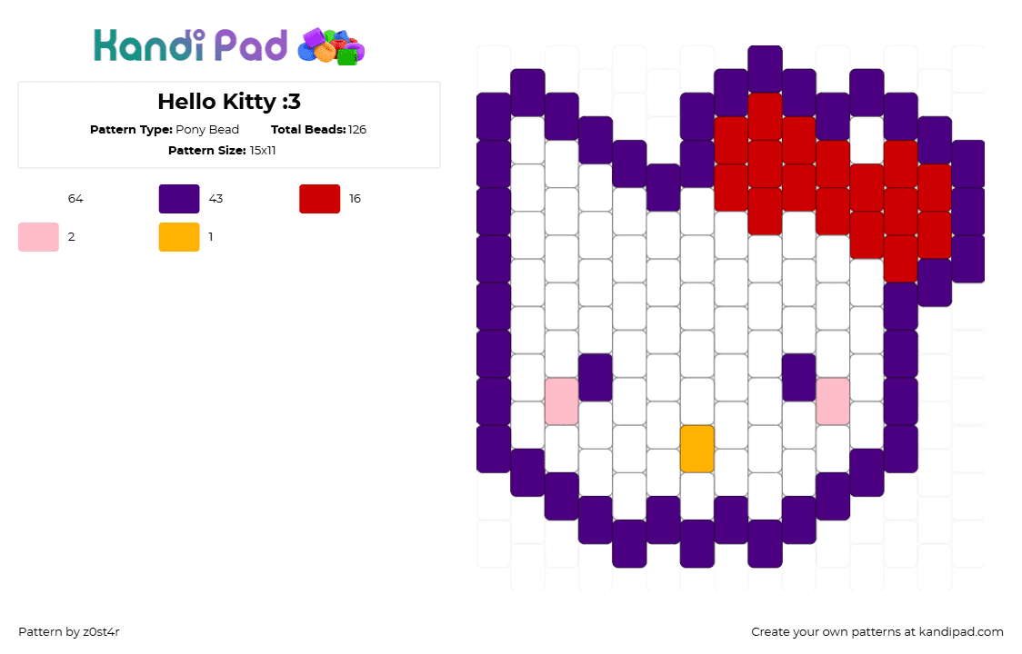 Hello Kitty :3 - Pony Bead Pattern by z0st4r on Kandi Pad - hello kitty,sanrio,head,charm,white,red