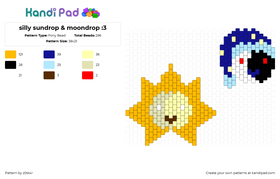 silly sundrop & moondrop :3 - Pony Bead Pattern by z0st4r on Kandi Pad - sundrop,moondrop,fnaf,five nights at freddys,head,charms,character,video game,yellow,blue