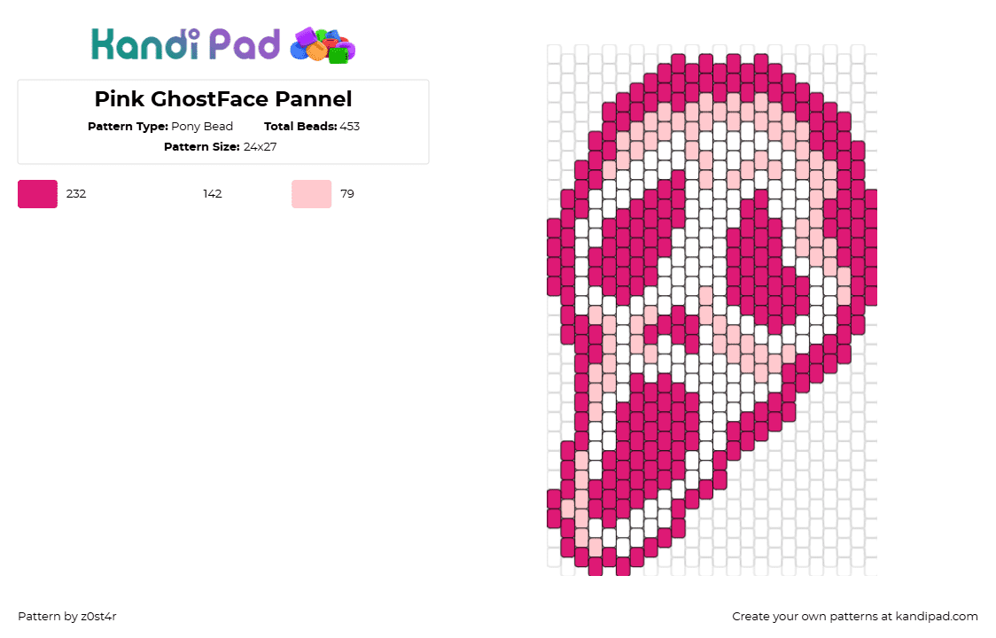 Pink GhostFace Pannel - Pony Bead Pattern by z0st4r on Kandi Pad - ghostface,scream,horror,mask,slasher,villain,movie,halloween,panel,charm,pink,white