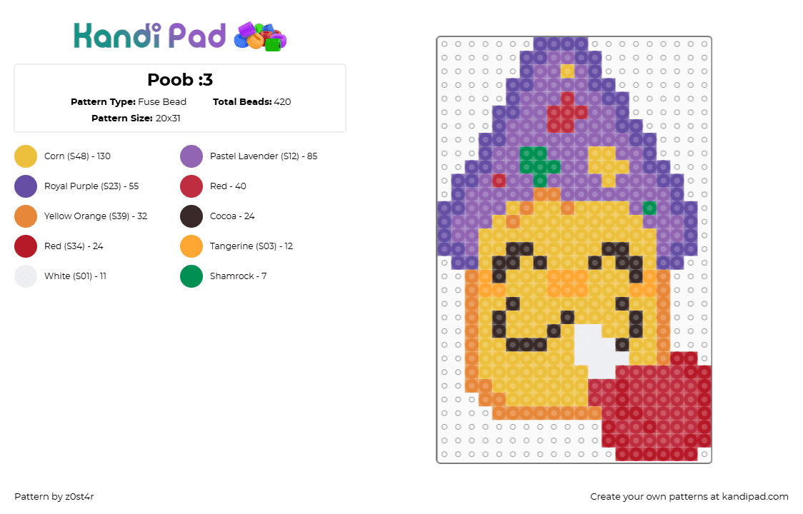 Poob :3 - Fuse Bead Pattern by z0st4r on Kandi Pad - poob,party noob,regretevator,roblox,character,head,yellow,purple,red