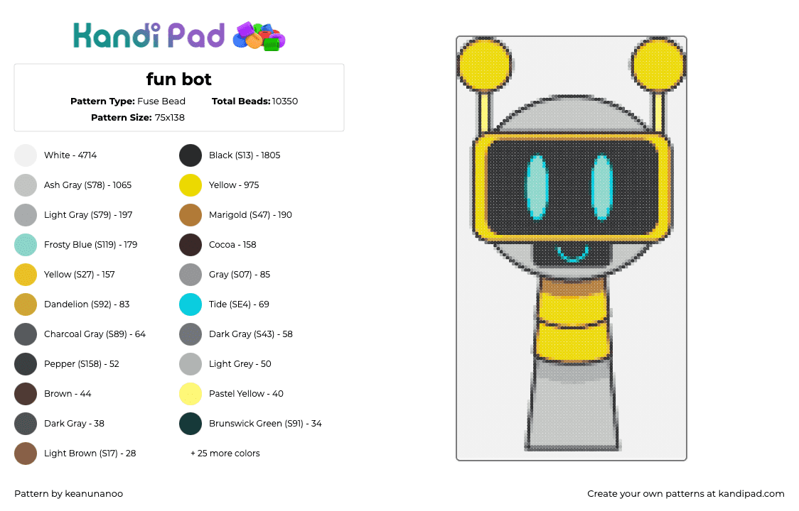 fun bot - Fuse Bead Pattern by keanunanoo on Kandi Pad - fun bot,sprunki,incredibox,character,video game,yellow,gray