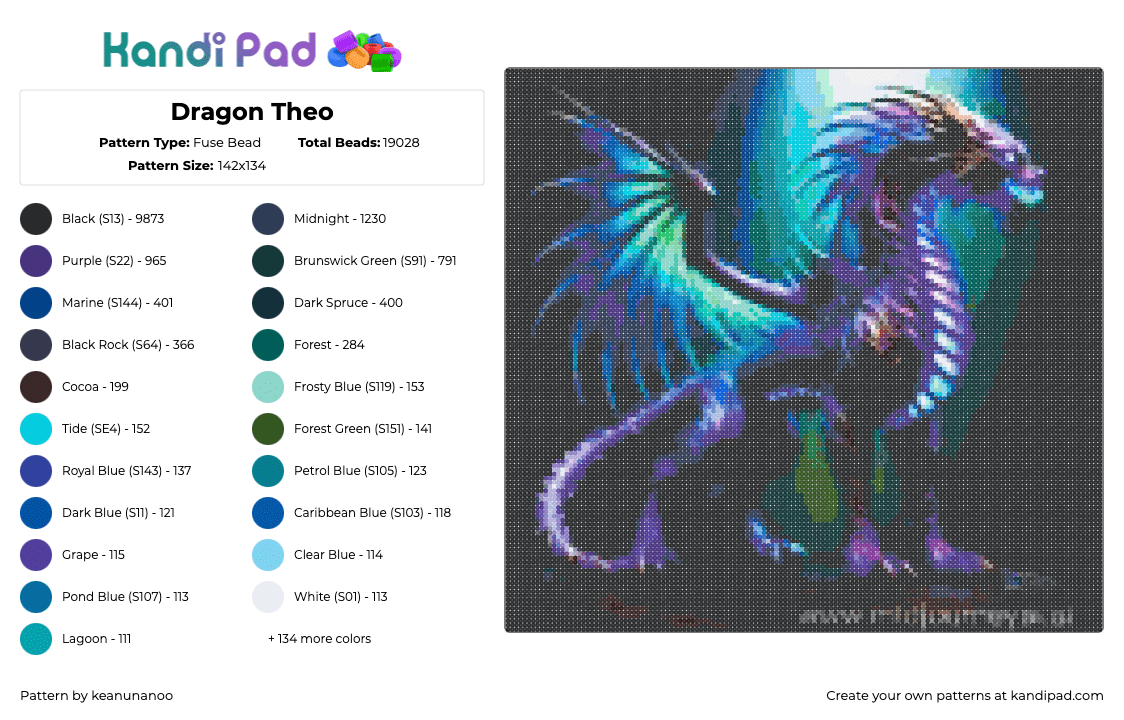 Dragon Theo - Fuse Bead Pattern by keanunanoo on Kandi Pad - dragon,mythological,creature,winged,glow,neon,panel,dark,purple,teal,black