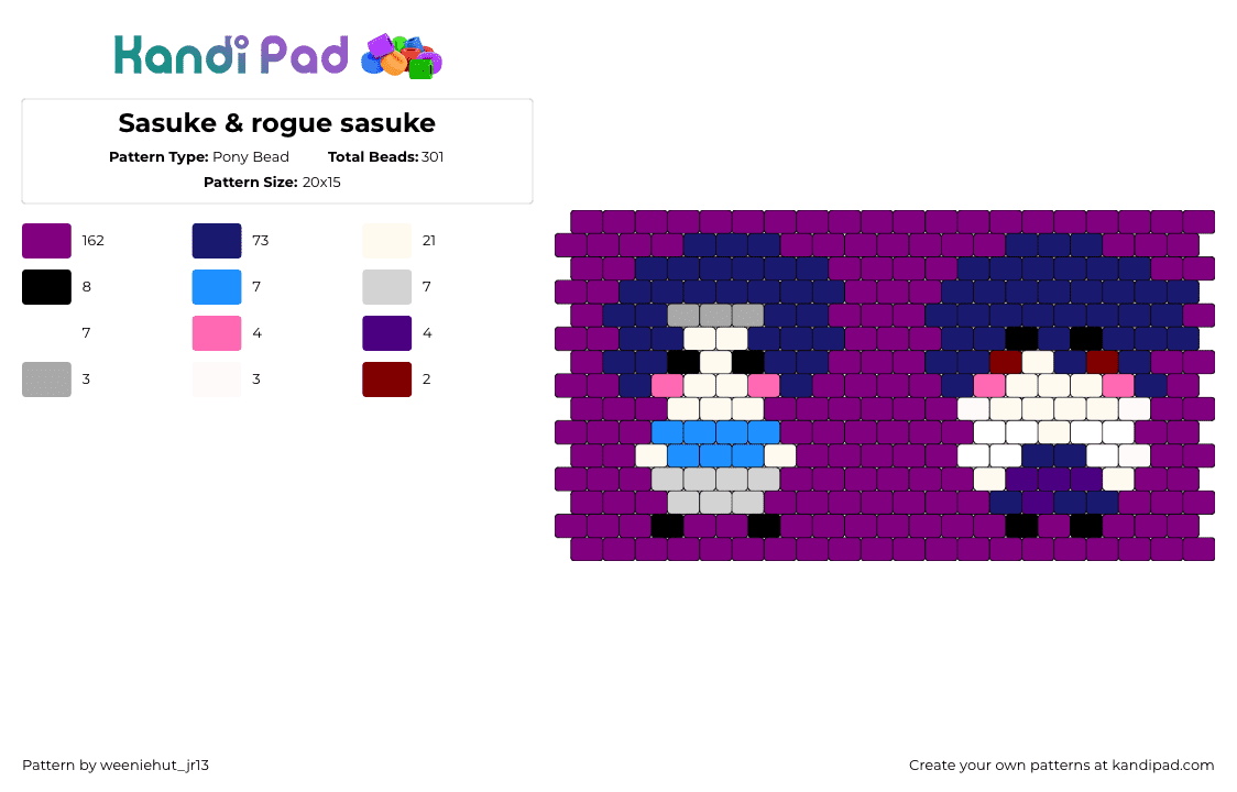 Sasuke & rogue sasuke - Pony Bead Pattern by weeniehut_jr13 on Kandi Pad - sasuke uchiha,naruto,chibi,anime,character,tv show,cuff,purple,beige