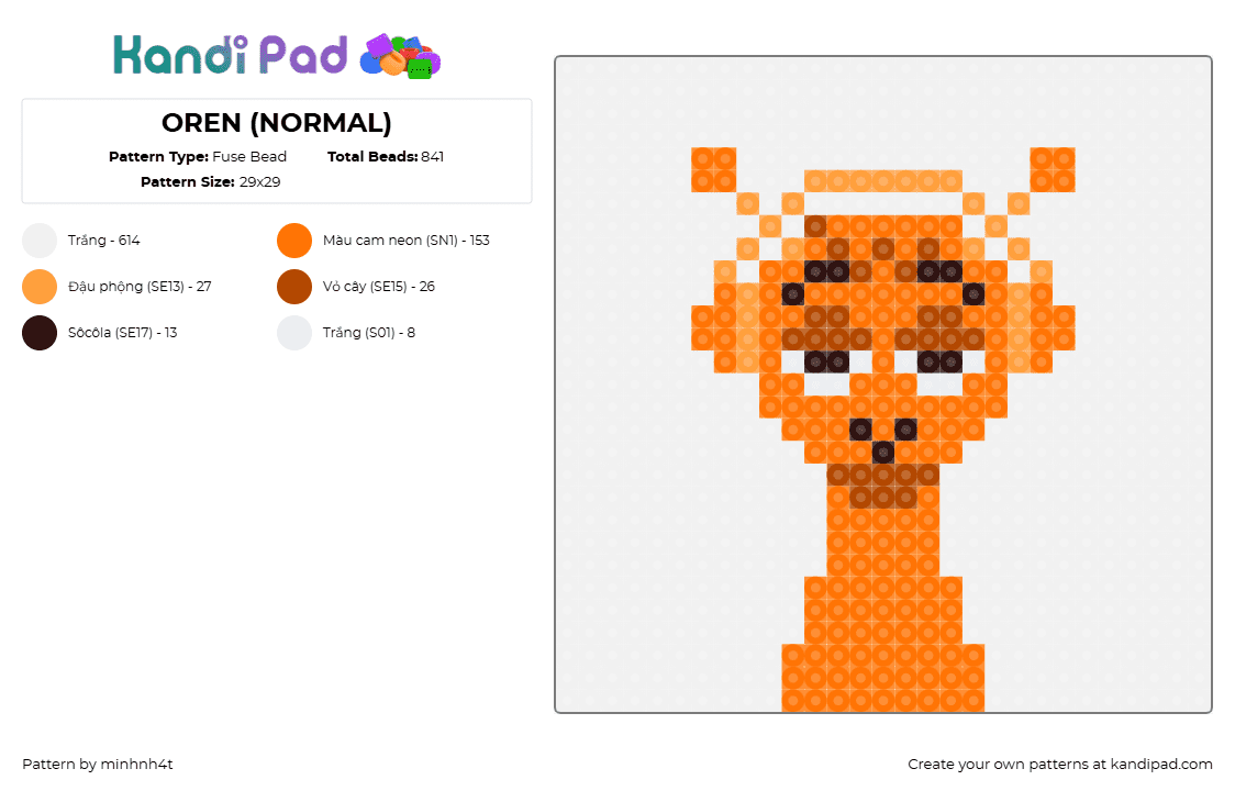 OREN (NORMAL) - Fuse Bead Pattern by minhnh4t on Kandi Pad - oren,sprunki,incredibox,character,video game,orange