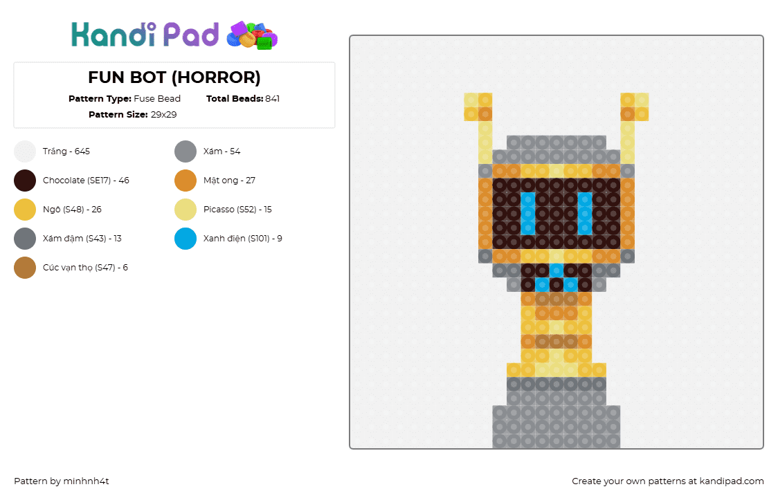 FUN BOT (HORROR) - Fuse Bead Pattern by minhnh4t on Kandi Pad - fun bot,sprunki,incredibox,character,video game,gray,yellow