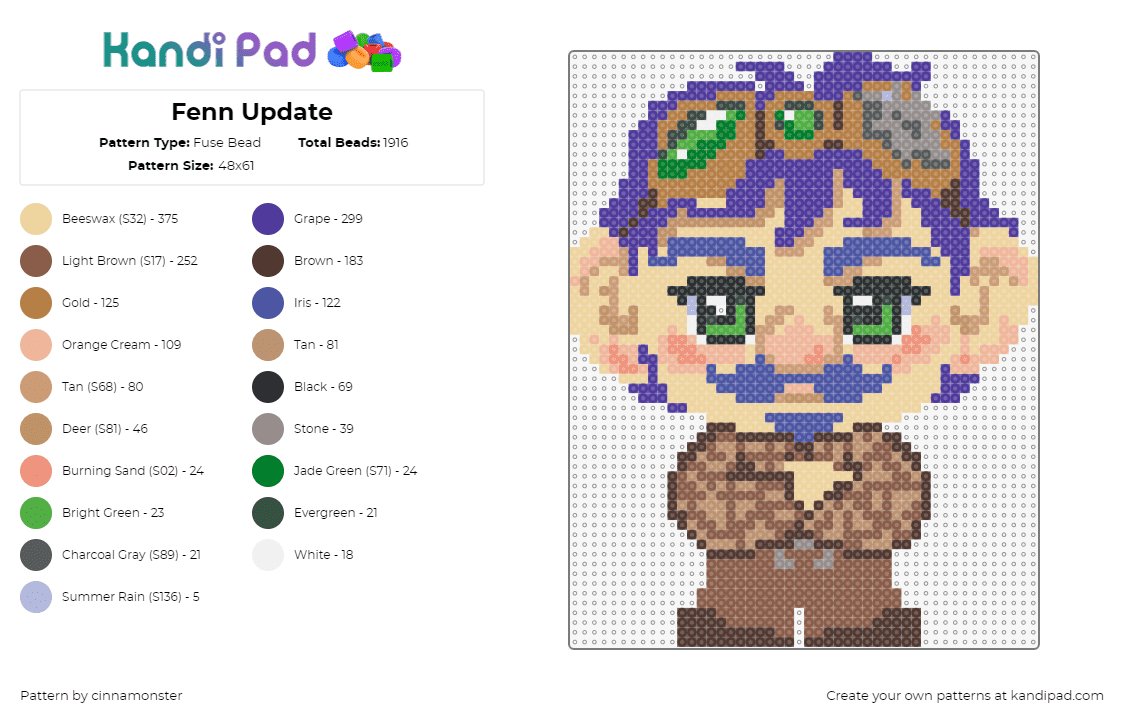 Fenn Update - Fuse Bead Pattern by cinnamonster on Kandi Pad - fenn,chibi,moustache,character,video game,purple,tan