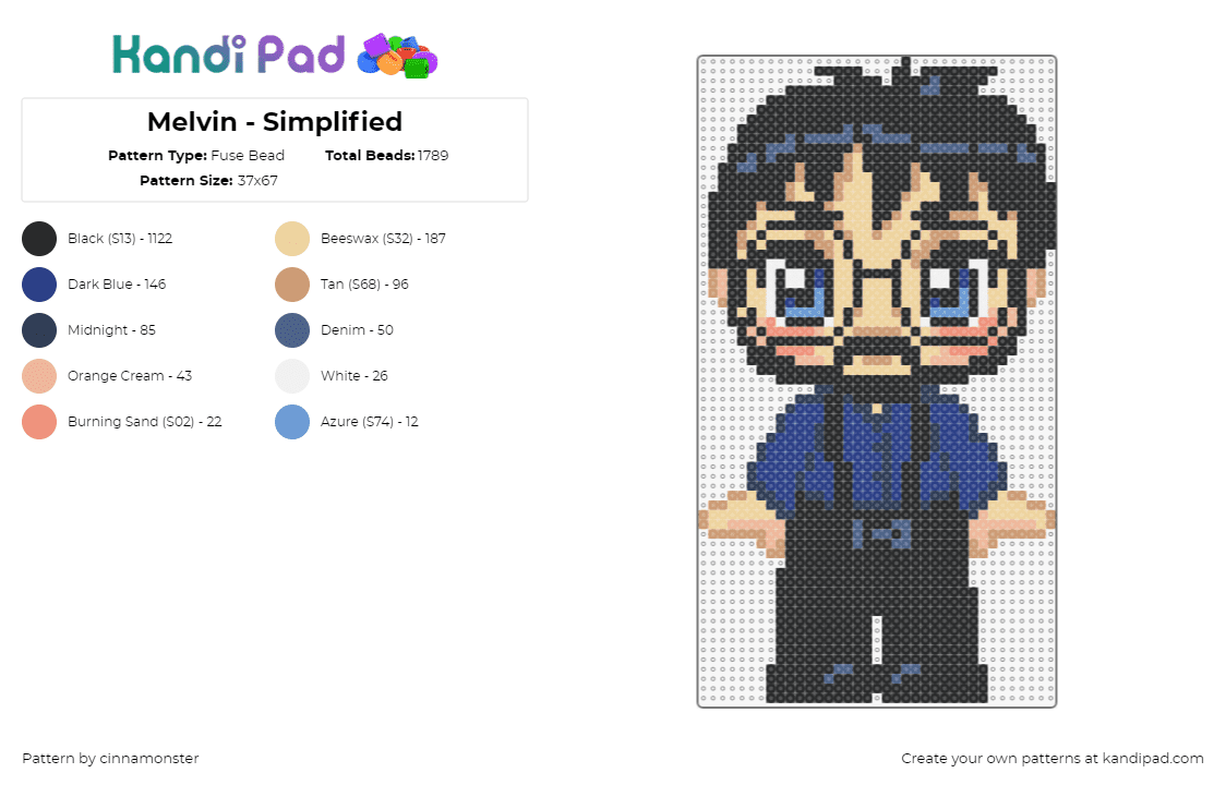 Melvin - Simplified - Fuse Bead Pattern by cinnamonster on Kandi Pad - melvin,chibi,character,video game,blue,black,beige