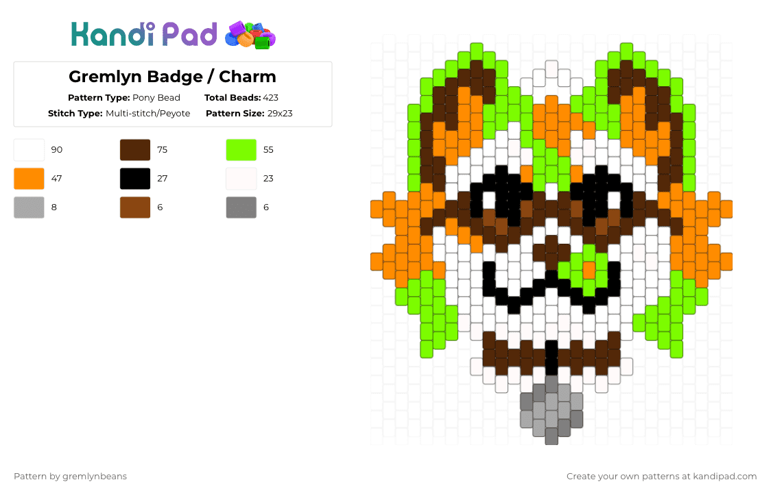 Gremlyn Badge / Charm - Pony Bead Pattern by gremlynbeans on Kandi Pad - brown,green,orange,furry,badge,charm,personal