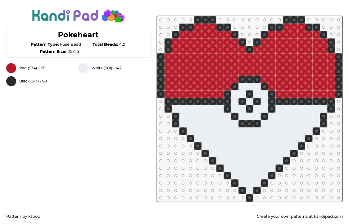 Pokeheart - Fuse Bead Pattern by ktbop on Kandi Pad - pokeball,heart,pokemon,gaming,red,white