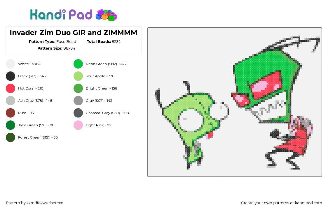 Invader Zim Duo GIR and ZIMMMM - Fuse Bead Pattern by xxredfoxwuzherexx on Kandi Pad - invader zim,gir,characters,tv show,cartoon,alien,green,pink