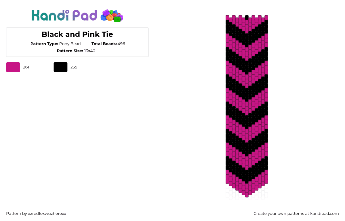 Black and Pink Tie - Pony Bead Pattern by xxredfoxwuzherexx on Kandi Pad - chevron,necktie,tie,clothing,arrow,stripes,scene,emo,pink,black