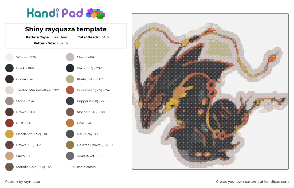 Shiny rayquaza template - Fuse Bead Pattern by raymiesan on Kandi Pad - rayquaza,pokemon,character,gaming,dragon,black,orange