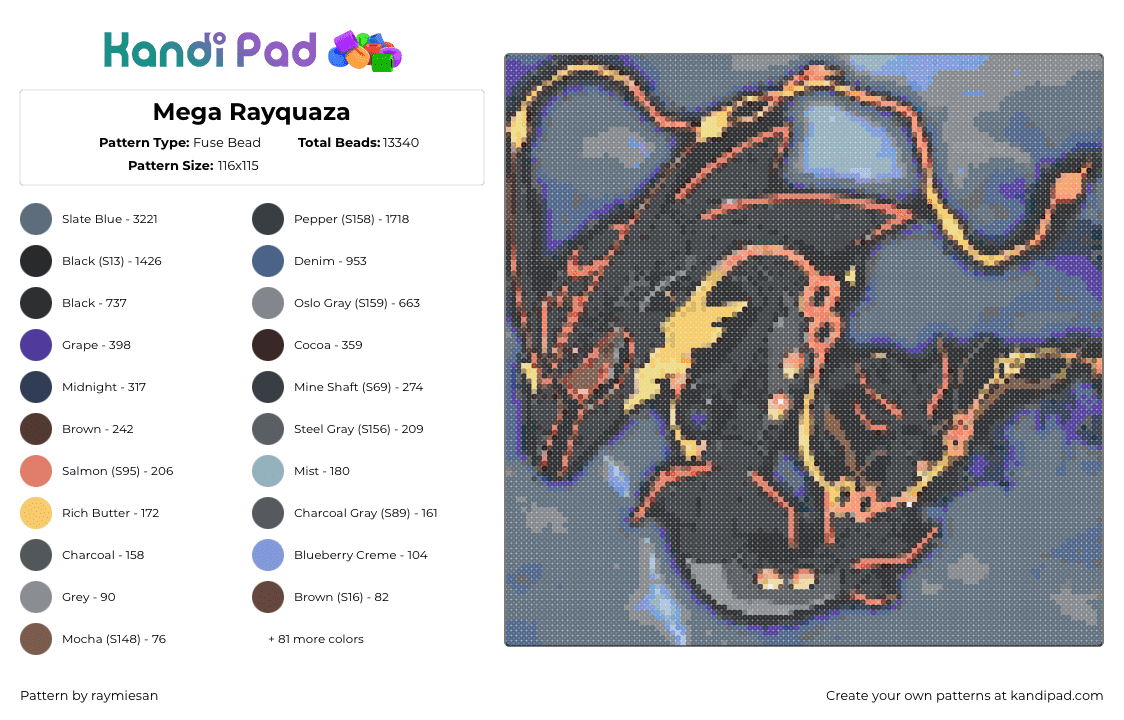 Mega Rayquaza - Fuse Bead Pattern by raymiesan on Kandi Pad - rayquaza,pokemon,character,gaming,dragon,black,orange