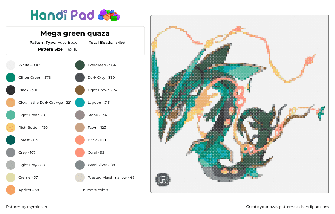 Mega green quaza - Fuse Bead Pattern by raymiesan on Kandi Pad - rayquaza,pokemon,character,gaming,teal,green