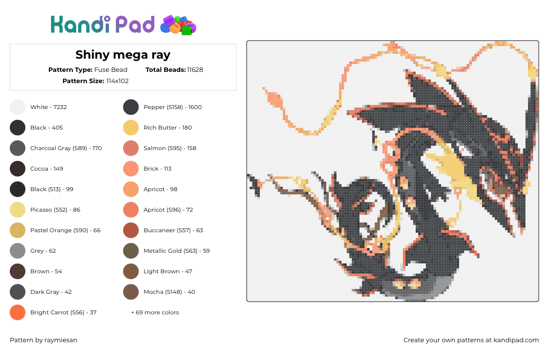 Shiny mega ray - Fuse Bead Pattern by raymiesan on Kandi Pad - rayquaza,pokemon,character,gaming,dragon,black,orange