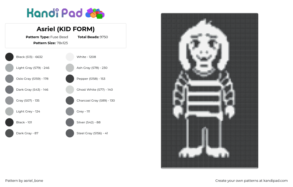 Asriel (KID FORM) - Fuse Bead Pattern by asriel_bone on Kandi Pad - asriel,undertale,character,video game,black,white