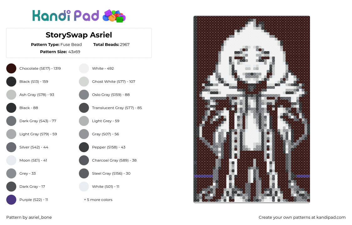 StorySwap Asriel - Fuse Bead Pattern by asriel_bone on Kandi Pad - asriel,storyswap,undertale,character,video game,white,black