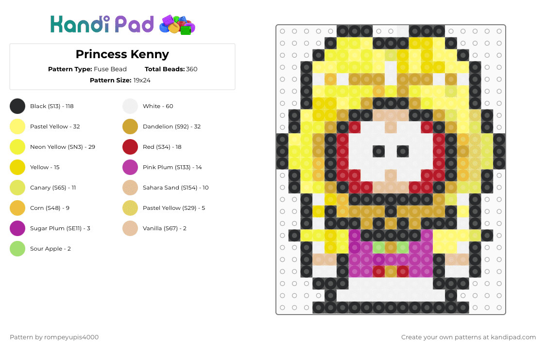 Princess Kenny - Fuse Bead Pattern by rompeyupis4000 on Kandi Pad - kenny mccormick,south park,cartoon,yellow,orange