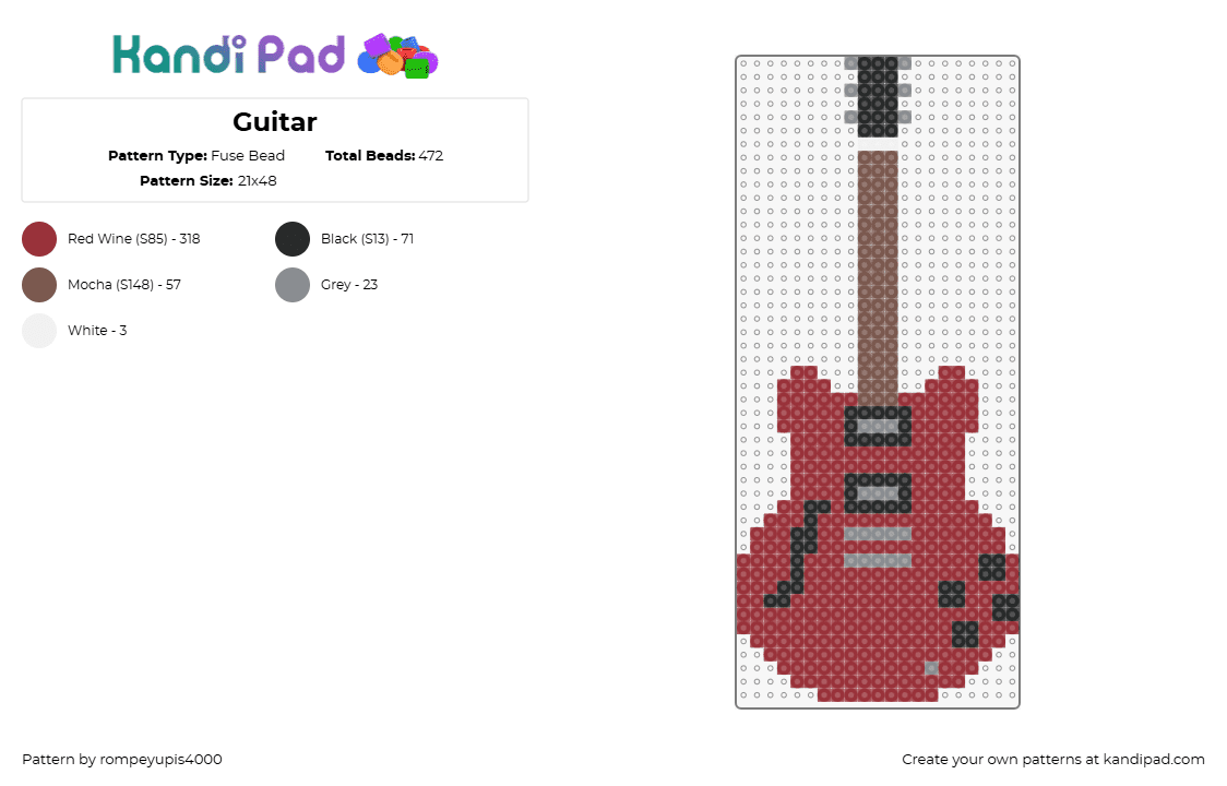 Guitar - Fuse Bead Pattern by rompeyupis4000 on Kandi Pad - guitar,instrument,music,electric,red