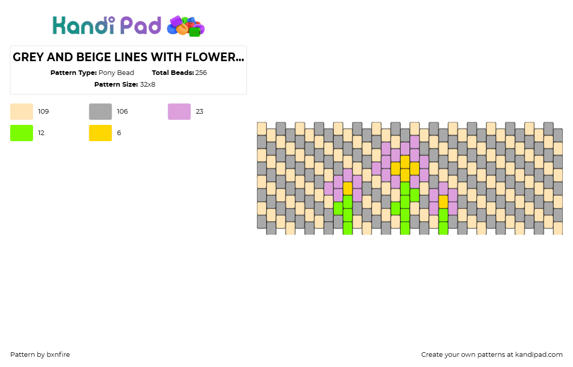 GREY AND BEIGE LINES WITH FLOWERS :D - Pony Bead Pattern by bxnfire on Kandi Pad - flowers,pastel,diagonal,stripes,cuff,garden,beige,gray,purple,green